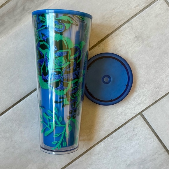 Starbucks 3 D blue glitter roses cold beverage cup, green floral 24 oz - Picture 3 of 9
